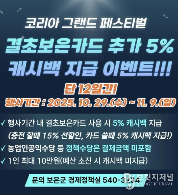 보은군, 결초보은카드 결제 시 5% 캐시백 제공
