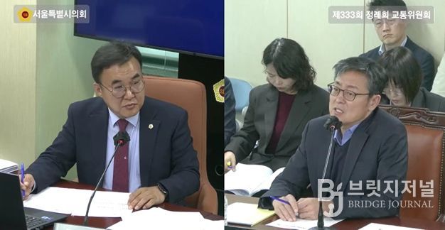 윤기섭 의원(국민의힘·노원5)이 지난 5일 교통위원회 회의실에서 실시된 행정사무감사에서 여장권 교통실장에게 질의를 하고 있다.