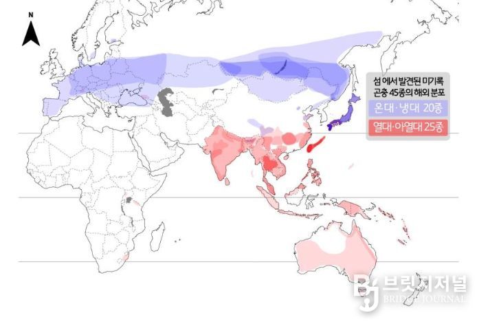 섬에서 발견된 미기록종 곤충의 해외 분포도