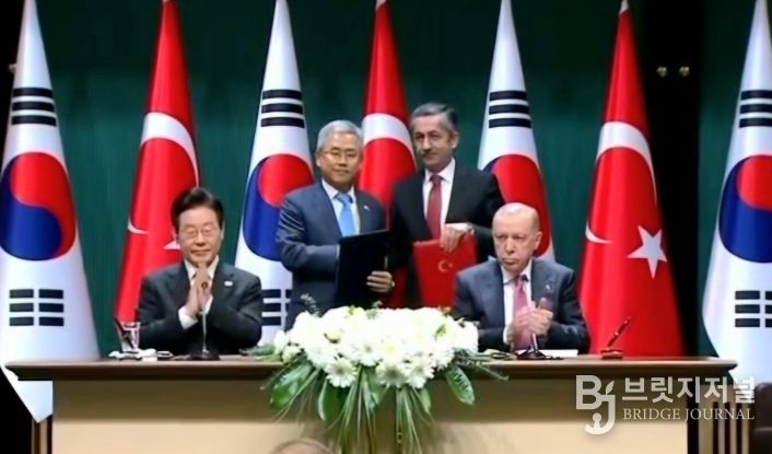 튀르키예 대통령궁에서 양국 정상 임석하에 MOU 체결(왼쪽부터 대한민국 대통령 이재명, 한국전력 사장 김동철, 튀르키예 원자력공사 사장 네자티 야마치, 튀르키예 대통령 에르도안)