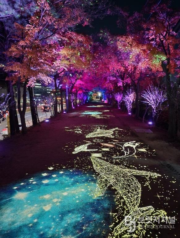 푸른 물결 속 고래가 유영하는 ‘밤하늘을 유영하는 고래’ 조명 연출 모습