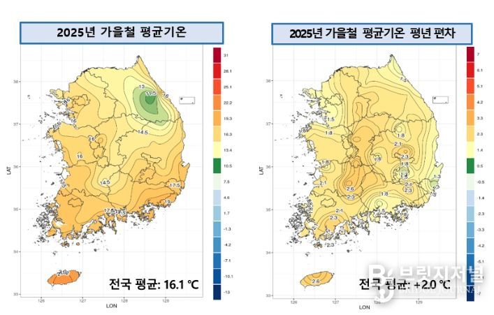 2025년 가을철 전국 평균기온 및 평년 대비 편차 분포도