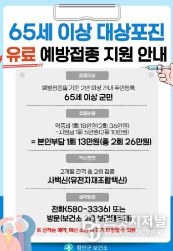 함안군 보건소, 2026년 대상포진 유료 예방접종 안내