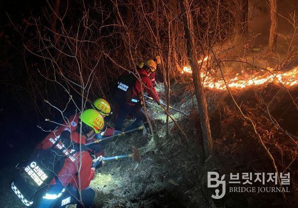 산불진화에 총력을 기울이고 있는 산림청 공중진화대원
