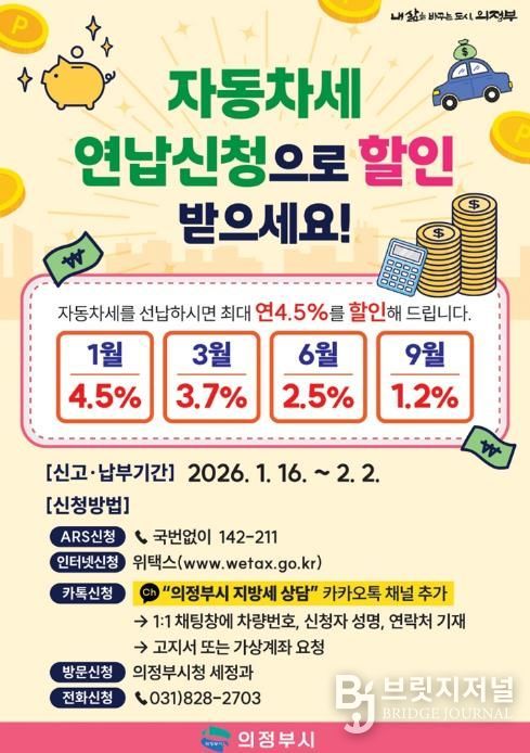 의정부시, 1월 자동차세 연납 시 4.5% 할인