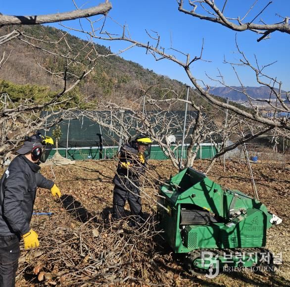 2026년 2월 10일_달성군 영농부산물 파쇄 사진(달성군 영농부산물 파쇄지원단이 지역 과수 농가를 찾아 과수 잔가지 등을 파쇄·정리하고 있다)
