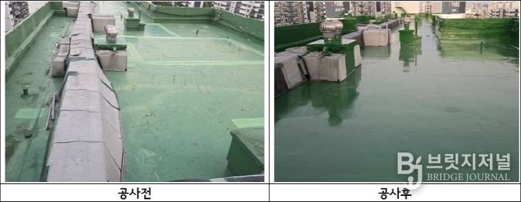 공동주택 공용시설물 유지·관리 지원사업으로 시행된 구로동 옥상방수공사 전·후 사진