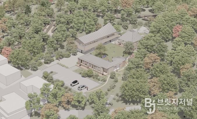 착공을 앞둔 영축산 산림복합체험센터 조감도(3개동의 건물과 중앙 정원이 영축산의 숲과 어우러지는 모습)