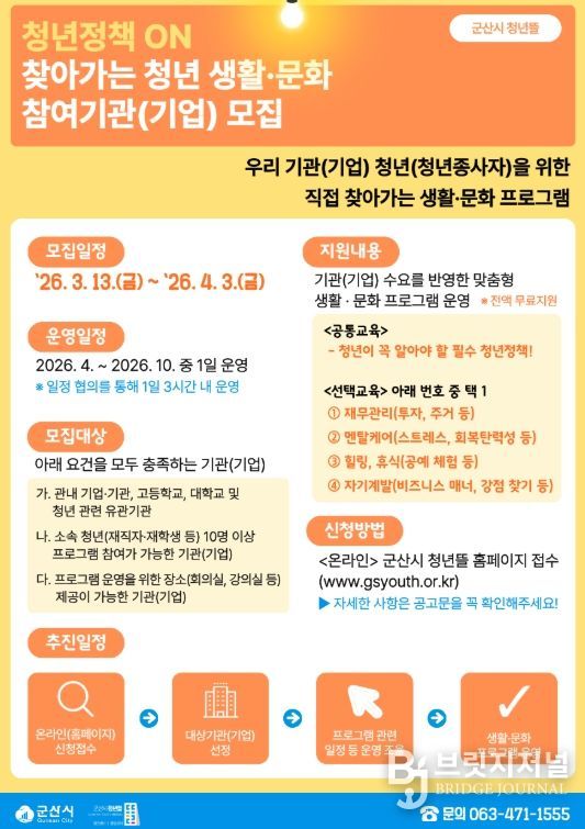 , ‘청년정책 ON: 찾아가는 청년 생활·문화’ 참여기관 모집