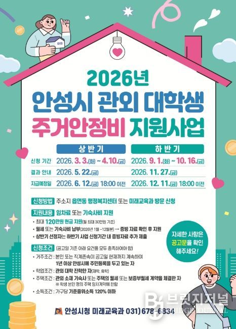 안성시, 관외 대학생 주거안정비 최대 120만원 지원