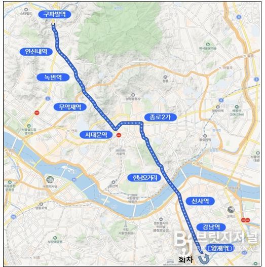 A741 운행 개요- 운행구간 : 구파발역~독립문~광화문역~강남역~양재역(편도 23.5km)