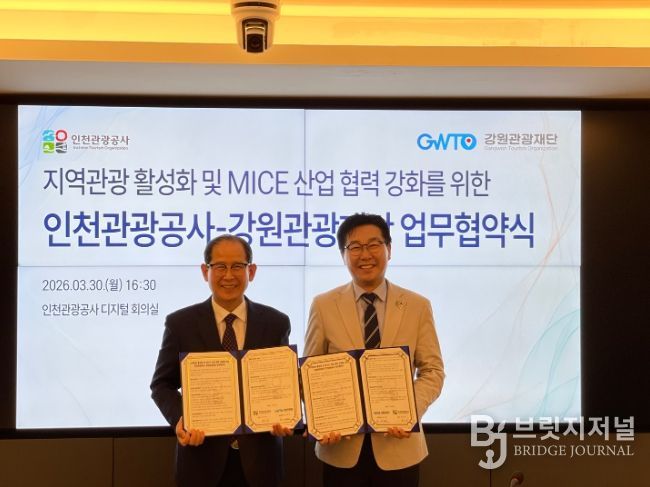 업무 협약 체결식 (왼쪽부터) 유지상 인천관광공사 사장, 최성현 강원관광재단 대표이사