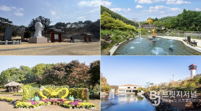 용인의 대표 관광지인 포은 정몽주 선생 묘, 와우정사, 용인자작나무숲, 용인농촌테마파크(시계방향)