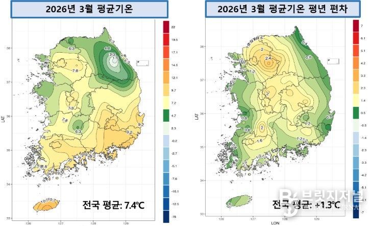 2026년 3월 전국 평균기온 및 평년 대비 편차 분포도
