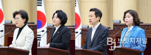 안산시의회가 8일 본회의장에서 제302회 임시회 제2차 본회의를 열고 시정질문과 5분 자유발언을 진행했다. 사진 왼쪽부터 이날 시정질문에 임한 박은경 의원과 5분 자유발언에 나선 김진숙 송바우나 박은정 의원의 모습.