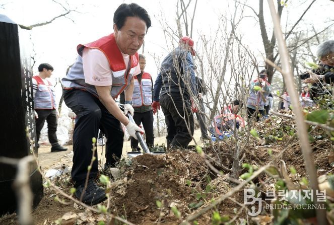 이성헌 서대문구청장이 안산(鞍山) 봉수대 철쭉동산 조성을 위해 나무를 심고 있다.