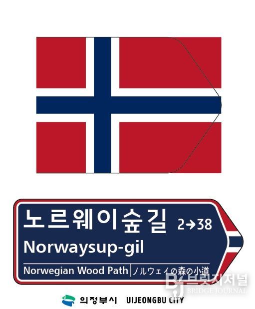 노르웨이 국기 문양이 디자인 요소로 반영한 주소정보시설 도로명판